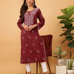 ADA Women Red & White Chikankari Hand-Embroidered Straight Sustainable Kurta-7