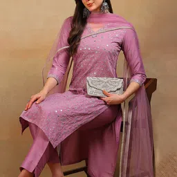 KALINI Floral Embroidered Straight Sequinned Kurta with Trousers & Dupatta-picture-20