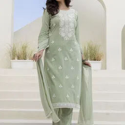 Anouk Floral Embroidered Thread Work Pure Cotton Straight Kurta With Trousers & Dupatta image 2