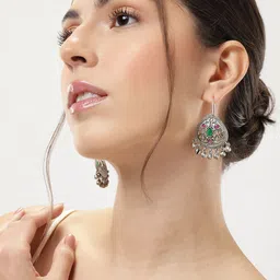ABDESIGNS Classic Silver-Plated Artificial Stones & Beads Studded Drop Earrings-17