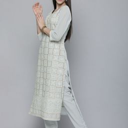 Kvsfab Women Grey Ethnic Motifs Embroidered Sequence Kurta with Trousers & With Dupatta image 3