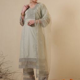 Anouk Floral Yoke Design Thread Work Pure Cotton Straight Kurta With Palazzos & Dupatta image 5