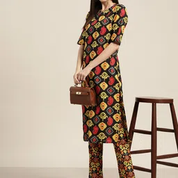 Moda Rapido Women Black Ethnic Motifs Printed Pure Cotton Kurta with Trousers-picture-15