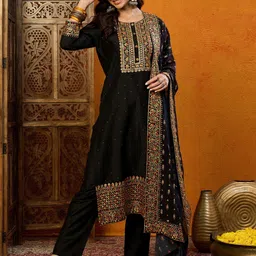 AHIKA Floral Embroidered Regular Thread Work Kurta With Trousers & Dupatta image 3