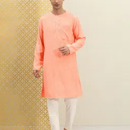 House of Pataudi Men Peach-Coloured Self Designed Regular Kurta image 3