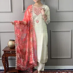 S.K.C Ethnic Motifs Embroidered Sequinned Chanderi Silk Kurta With Trouser & With Dupatta image 5
