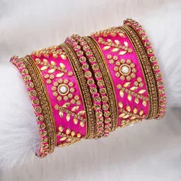 Peora Set of 10 Pink & Gold-Plated Silk Thread Handcrafted Kundan Bridal Bangles-14