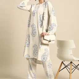 Anouk Women Paisley Printed Pleated High-Low Kurta with Trousers-40