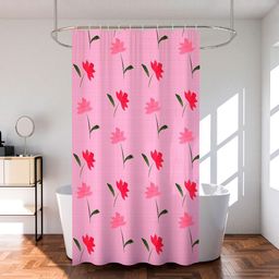 Kuber Industries Pink & Red 6 Pieces Floral Printed Shower Curtain With Rings-5