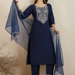 Indo Era Ethnic Motifs Yoke Design Round Neck Thread Work Kurta with Trousers & Dupatta-25