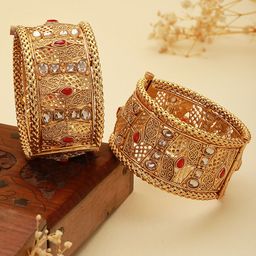 Saraf RS Jewellery Set Of 2 Gold-Plated Stone Studded Antique Bangles-picture-22