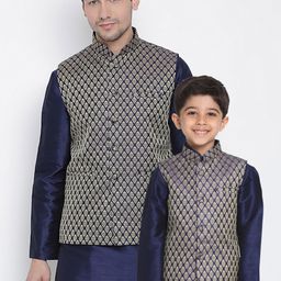 VASTRAMAY Boys Navy Blue & Gold-Toned Zari Woven Design Nehru Jacket-23