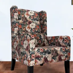 GLOBALLY INDIAN Beige & Green Printed Wingback Wooden Arm Lounge Chair-32