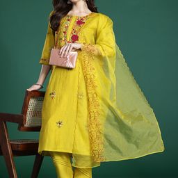 Indo Era Women Floral Embroidered Thread Work Kurta With Trousers & Dupatta-picture-47