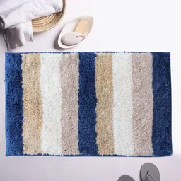 LUXEHOME INTERNATIONAL Blue & Beige Striped High Pile 1850 GSM Rectangular Microfibre Bath Rug-image-88