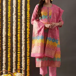 RAJGRANTH Ethnic Motifs Chanderi Cotton Kurta With Trousers & Dupatta-picture-58
