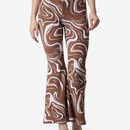 Popwings Women Brown Printed Smart Flared High-Rise Wrinkle Free Trousers-image-91