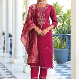 VredeVogel Women Pink Embroidered Regular Kurta with Trousers & With Dupatta-11