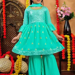 BAESD Girls Embroidered Layered Mirror Work Kurta with Sharara & With Dupatta-picture-52