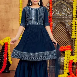 BAESD Girls Embroidered Layered Mirror Work Kurta with Sharara & With Dupatta-picture-25