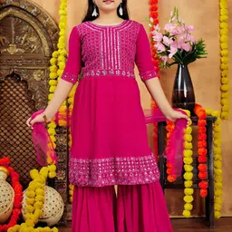 BAESD Girls Embroidered Regular Mirror Work Kurta with Sharara & With Dupatta-picture-1