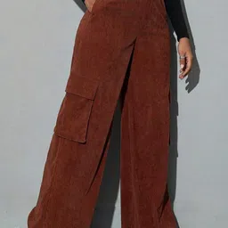 HIGH BUY Women Striped Relaxed High-Rise Non Iron Corduroy Cargos Trousers-image-82