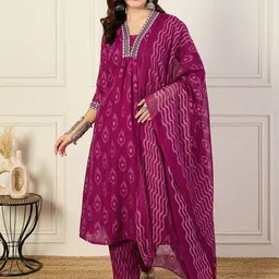 KALINI V-Neck Ethnic Motifs Printed Mirror Work A-Line Kurta with Trousers & Dupatta-2