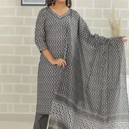 KALINI Chevron Printed Regular Pure Cotton Straight Kurta with Trousers & Dupatta-11
