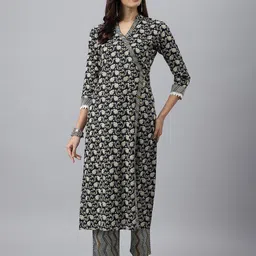 MEESAN Women Black Floral Printed Angrakha Pure Cotton Kurta with Trousers-picture-6