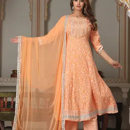SINGNI Floral Printed Mirror Work Anarkali Kurta & Trousers With Dupatta-picture-3