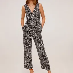 MANGO Women White & Black Animal Print Cropped Basic Sustainable  Jumpsuit-picture-42
