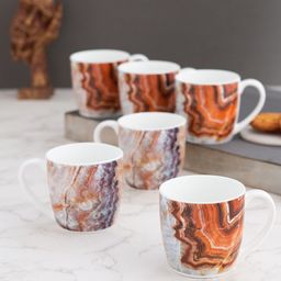 CLAY CRAFT White & Orange Set of 6 Printed Ceramic Glossy Cups 180 ml Each-30