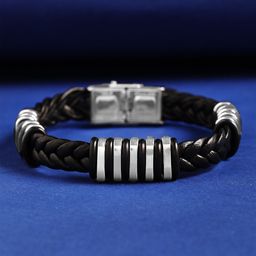 Roadster Men Black & Silver-Toned Handcrafted Silver-Plated Wraparound Bracelet-93