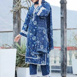 Yufta Floral Embroidered Thread Work Pure Cotton Kurta With Trousers & Dupatta-57