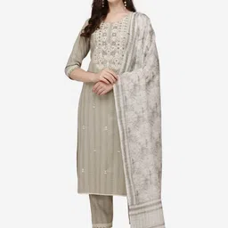 Berrylicious Women Grey Floral Embroidered Pure Cotton Kurta with Trousers & Dupatta-image-53