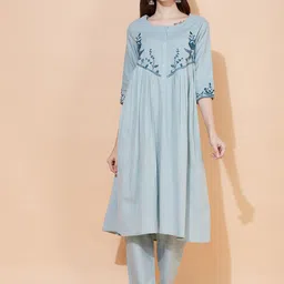 FASHOR Women Blue Floral Embroidered Pleated Pure Cotton Kurta with Trousers-picture-29