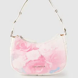 Lino Perros Women Off-White & Pink Floral Printed Croc Textured Structured Baguette Bag-0