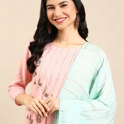 SHOWOFF Women Peach-Coloured Empire Beads and Stones Chanderi Silk Kurta with Sharara & With Dupatta-image-47