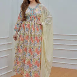 KALINI Floral Printed V-Neck Empire Sequinned A-Line Kurta & Trousers With Dupatta-11
