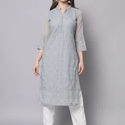 HERE&NOW Women Grey Ethnic Motifs Embroidered Thread Work Georgette Kurta-16