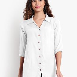 Indietoga Women Plus Size White Solid Classic Casual Shirt-image-82