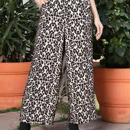 Sera Women Beige & Black Animal Printed Relaxed Straight Leg Straight Fit Trouser-image-17
