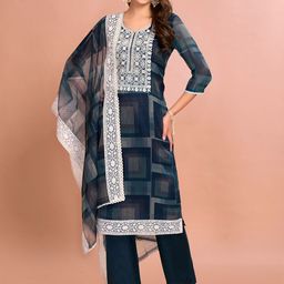 Anouk Navy Blue Ethnic Motifs Printed Thread Work Kurta With Trousers & Dupatta-11