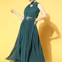 Kvsfab Women Teal Pleated Kurta with Palazzos-picture-26