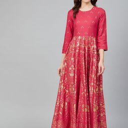 Rangriti Women Pink & Golden Printed Maxi Dress-image-129