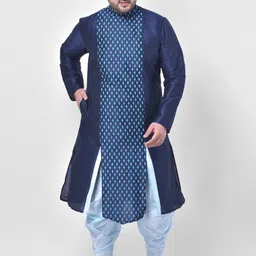 DEYANN PLUS Men Navy Blue Ethnic Motifs Printed Angrakha Dupion Silk Kurta with Dhoti Pants-picture-54