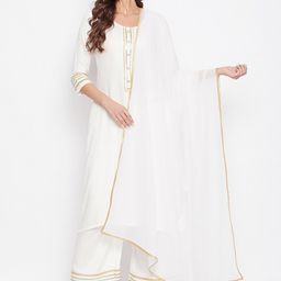 Bitterlime Women White Yoke Design Regular Gotta Patti Kurta with Palazzos & With Dupatta-2