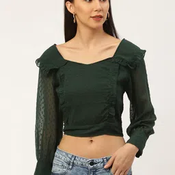 Antheaa Women Green Self Design Cropped Victorian Top with Smocking & Ruffle Detail-image-49