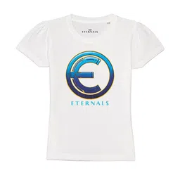 Marvel by Wear Your Mind Girls White Printed V-Neck Pure Cotton Applique T-shirt-image-80