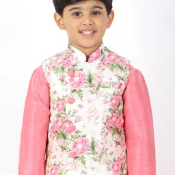 VASTRAMAY Boys White & Pink Digital Floral Printed Slim-Fit Woven Nehru Jacket-picture-57